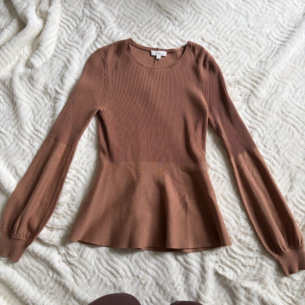 A Loves A Tan Ribbed Knit Peplum Top Long Balloon Sleeve Size Medium